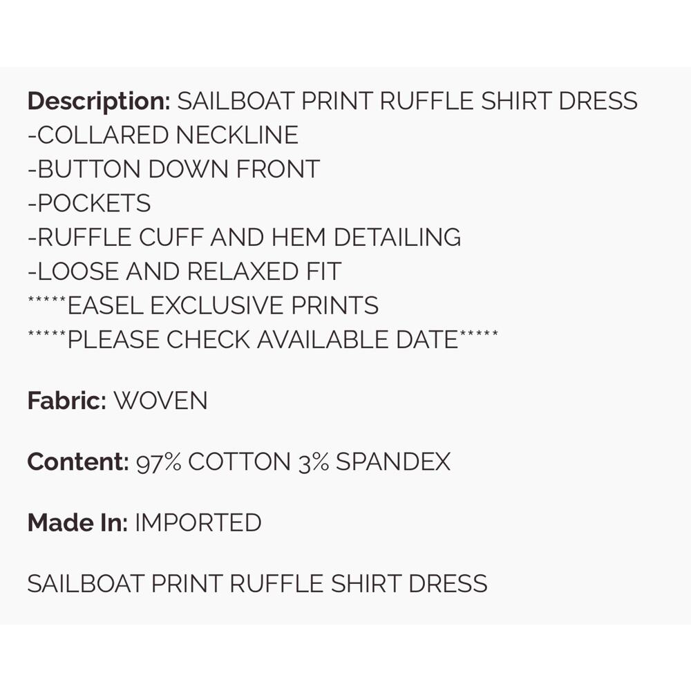 Easel - Sailboat Print Ruffle Shirt Dress - Medium - Picture 5 of 5